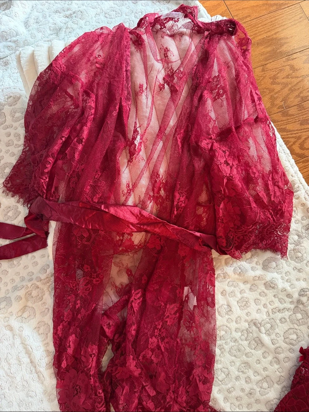 Avidlove Lace Bandeau Set in Burgundy- Bralette,Brief and Robe